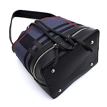 Drawstring Checker Plaid Print Linen Bucket Satchel