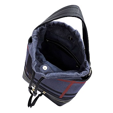 Drawstring Checker Plaid Print Linen Bucket Satchel