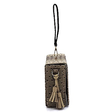 Ostrich Croc Boxy Wristlet Clutch Crossbody Bag