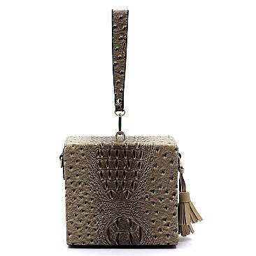 Ostrich Croc Boxy Wristlet Clutch Crossbody Bag