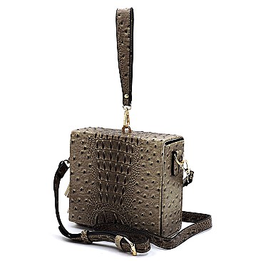 Ostrich Croc Boxy Wristlet Clutch Crossbody Bag