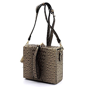 Ostrich Croc Boxy Wristlet Clutch Crossbody Bag
