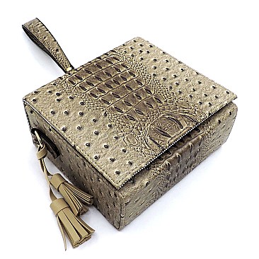 Ostrich Croc Boxy Wristlet Clutch Crossbody Bag