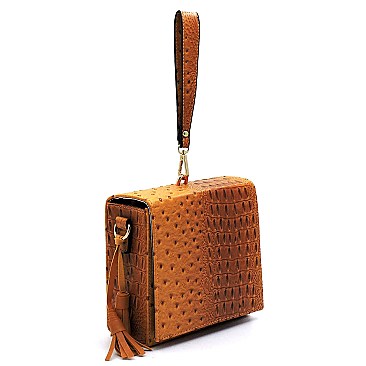 Ostrich Croc Boxy Wristlet Clutch Crossbody Bag