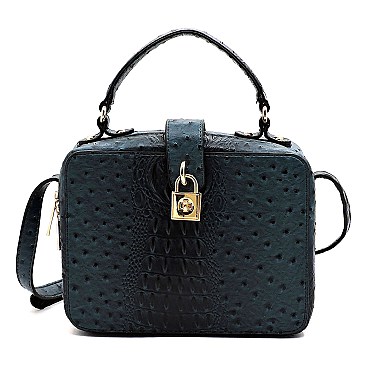 Ostrich Croc Twist Lock Boxy Crossbody Bag Satchel