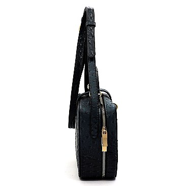 Ostrich Croc Twist Lock Boxy Crossbody Bag Satchel