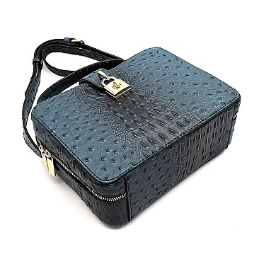 Ostrich Croc Twist Lock Boxy Crossbody Bag Satchel