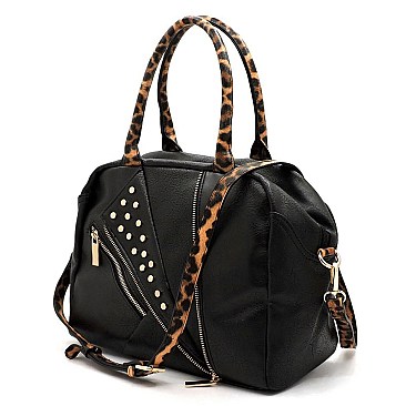 Studded Motorcycle Jacket Leopard Trim 2-in-1 Boston Bag