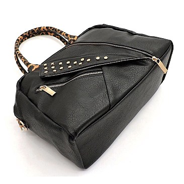 Studded Motorcycle Jacket Leopard Trim 2-in-1 Boston Bag