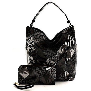 Glossy Animal Patchwork Printed 2-in-1 Shoulder Bag