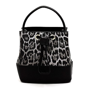 Drawstring Medium Leopard Print Satchel Shoulder Bag