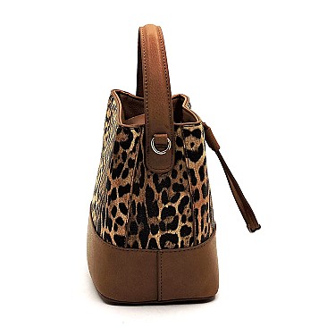 Drawstring Medium Leopard Print Satchel Shoulder Bag