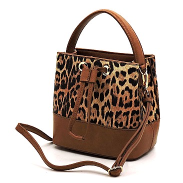 Drawstring Medium Leopard Print Satchel Shoulder Bag