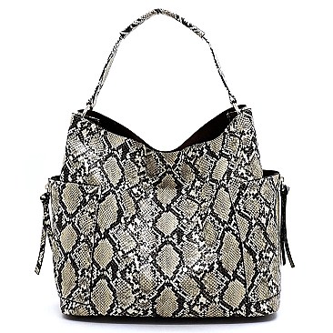 2 in 1Snake Skin Side Zipper Pocket Accent Hobo