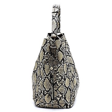 2 in 1Snake Skin Side Zipper Pocket Accent Hobo