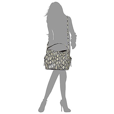 2 in 1Snake Skin Side Zipper Pocket Accent Hobo