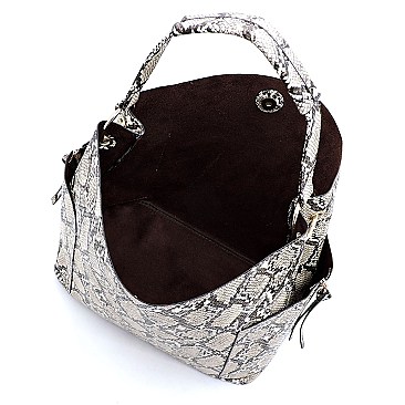 2 in 1Snake Skin Side Zipper Pocket Accent Hobo