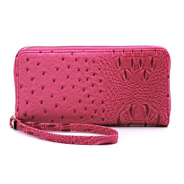 2-Way Ostrich Print Drawstring Bucket Satchel Wallet SET