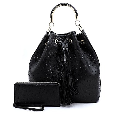 2-Way Ostrich Print Drawstring Bucket Satchel Wallet SET