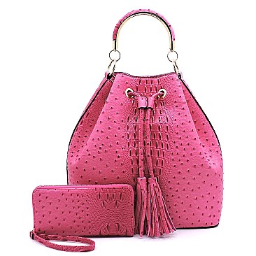2-Way Ostrich Print Drawstring Bucket Satchel Wallet SET