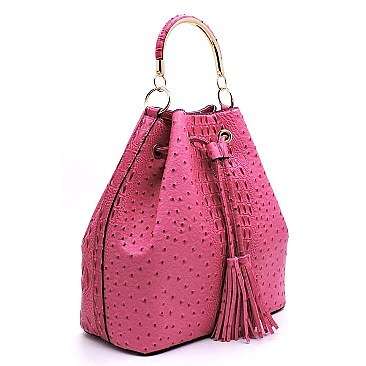 2-Way Ostrich Print Drawstring Bucket Satchel Wallet SET