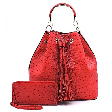 2-Way Ostrich Print Drawstring Bucket Satchel Wallet SET