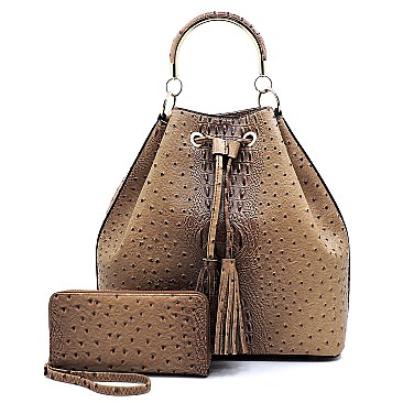 2-Way Ostrich Print Drawstring Bucket Satchel Wallet SET