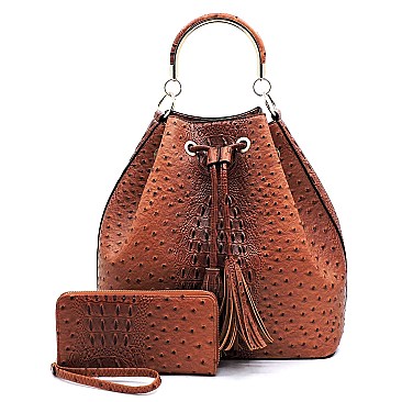 2-Way Ostrich Print Drawstring Bucket Satchel Wallet SET