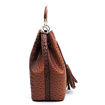 2-Way Ostrich Print Drawstring Bucket Satchel Wallet SET