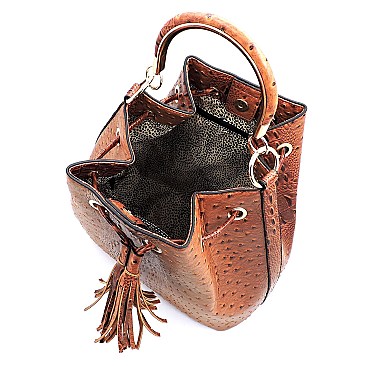 2-Way Ostrich Print Drawstring Bucket Satchel Wallet SET