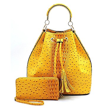 2-Way Ostrich Print Drawstring Bucket Satchel Wallet SET