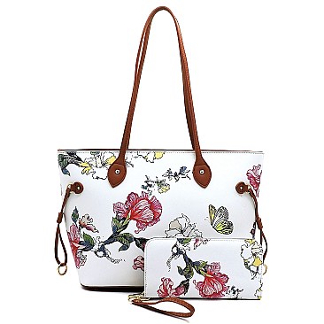 Flower Butterfly Print Shopper Tote Wallet SET