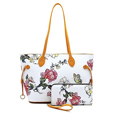 Flower Butterfly Print Shopper Tote Wallet SET