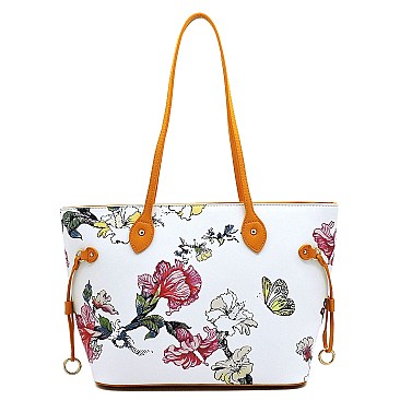 Flower Butterfly Print Shopper Tote Wallet SET