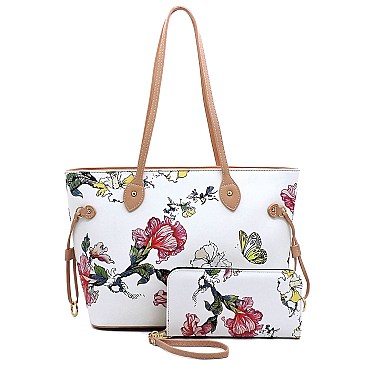 Flower Butterfly Print Shopper Tote Wallet SET