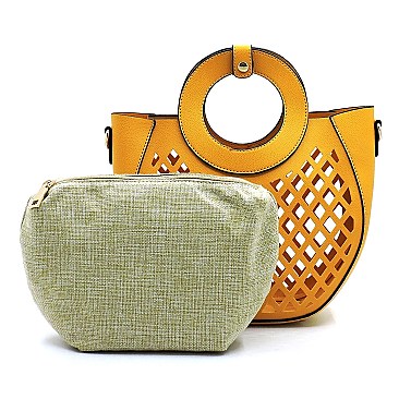 Medium 2 in 1 Cut-Out Mixed-Material Round Handle Satchel
