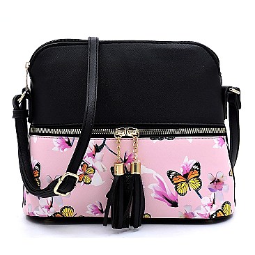 Tassel Accent Butterfly Flower Print Dome Cross Body