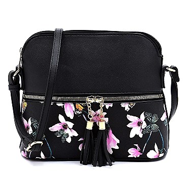 Tassel Accent Butterfly Flower Print Dome Cross Body
