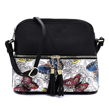 Tassel Accent Butterfly Flower Print Dome Cross Body