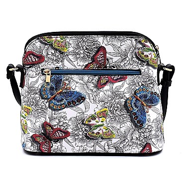Tassel Accent Butterfly Flower Print Dome Cross Body