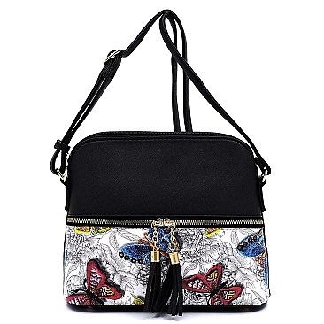 Tassel Accent Butterfly Flower Print Dome Cross Body