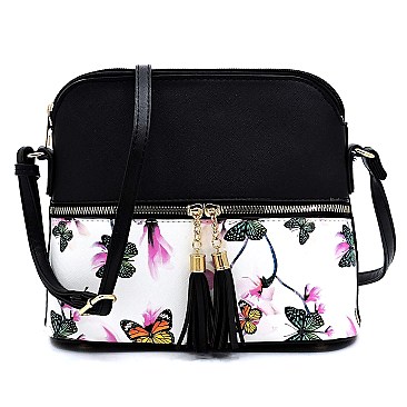 Tassel Accent Butterfly Flower Print Dome Cross Body
