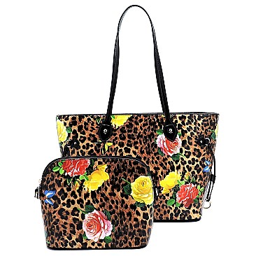 2 in 1 Butterfly Leopard Print Patent Tote Value SET