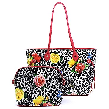 2 in 1 Butterfly Leopard Print Patent Tote Value SET