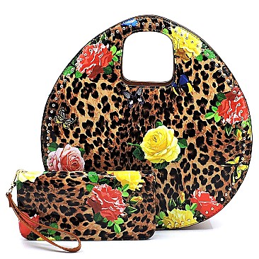 Glossy Leopard Flower Printed 2-in-1 Satchel & Wallet Set