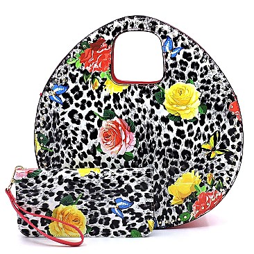 Glossy Leopard Flower Printed 2-in-1 Satchel & Wallet Set