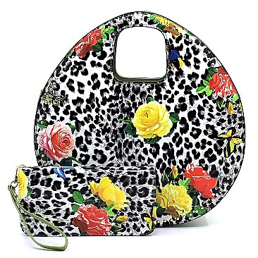 Glossy Leopard Flower Printed 2-in-1 Satchel & Wallet Set