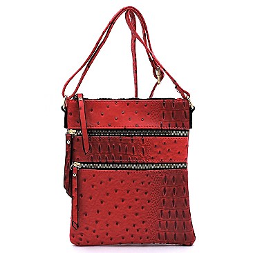 MULTI ZIPPER OSTRICH EMBOSSED CROSS BODY