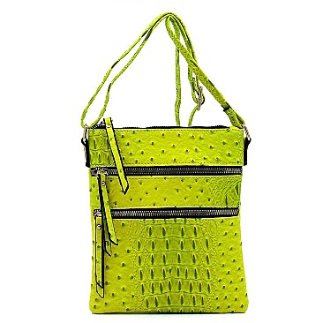 MULTI ZIPPER OSTRICH EMBOSSED CROSS BODY