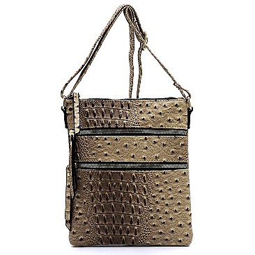 MULTI ZIPPER OSTRICH EMBOSSED CROSS BODY